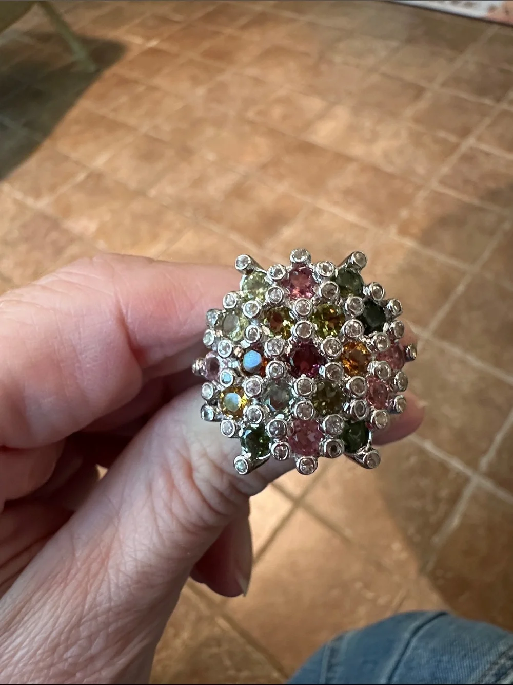 Multicolor Gem Cluster Ring in Silver Tone - Women Jewelry